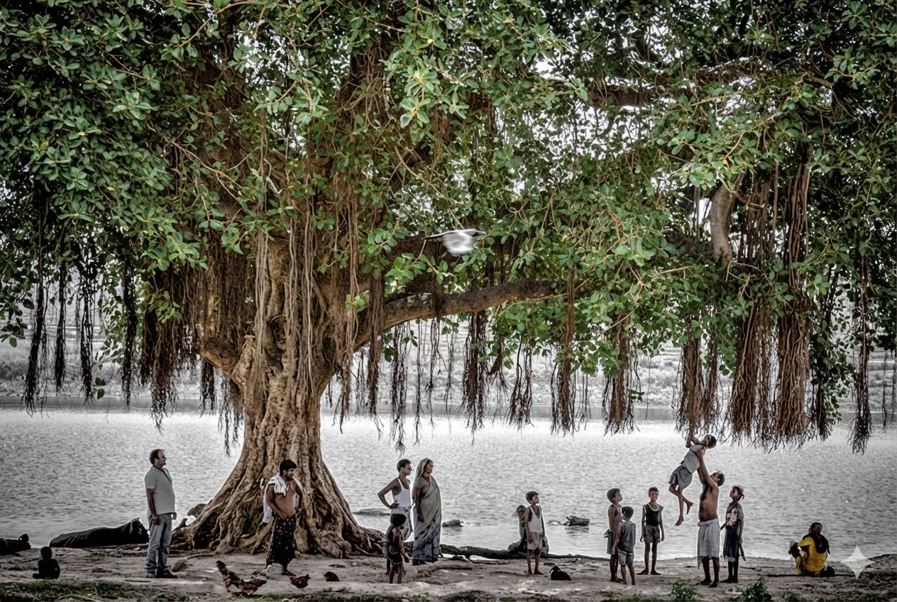 Selective color photograph showing a sprawling banyan tree with lush green leaves and brown aerial roots in full color, while the people, children playing, a man lifting a child, birds, and the river scene beneath it remain in black and white.