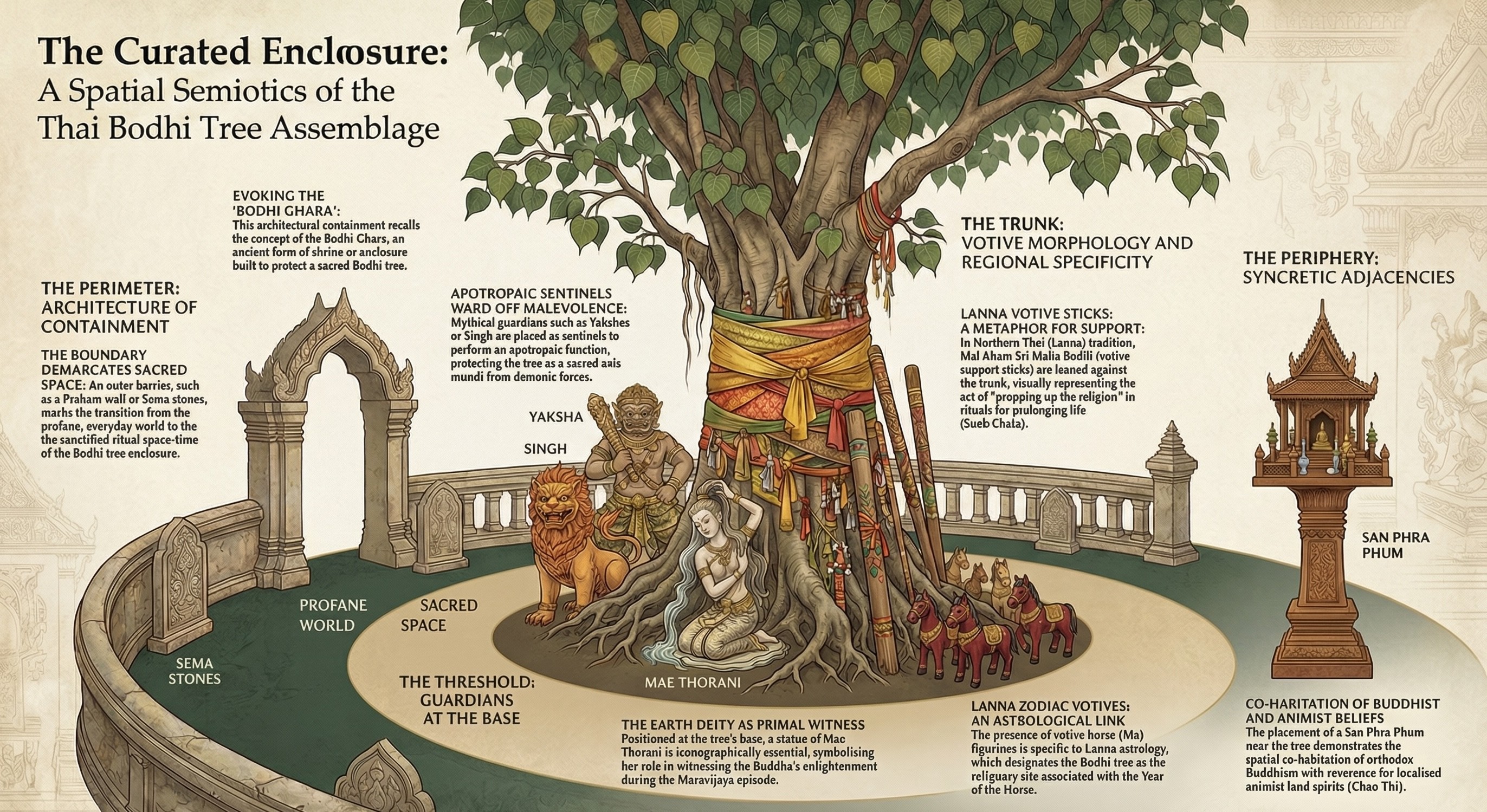n educational infographic titled "The Curated Enclosure: Spatial Semiotics of the Thai Bodhi Tree," visualizing the sacred tree as a "Ritual Assemblage" within a temple complex. The graphic delineates four conceptual zones: Zone A (The Perimeter), Zone B (Guardians), Zone C (Syncretic Adjacencies/Spirit Houses), and Zone D (Votive Morphology). Detailed illustrations depict the "Centre of the Jambu Continent," Naga imagery relating to the Enlightenment, and the spatial relationship between the Bodhi tree and animist shrines.