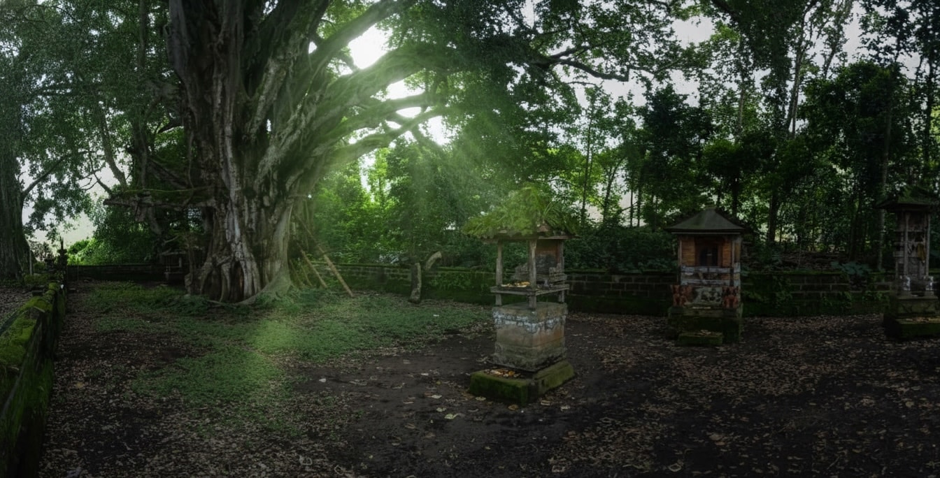 A large sacred tree in Bali wrapped in traditional black and white checkered Saput Poleng cloth, standing in a lush tropical garden near a Balinese temple.
