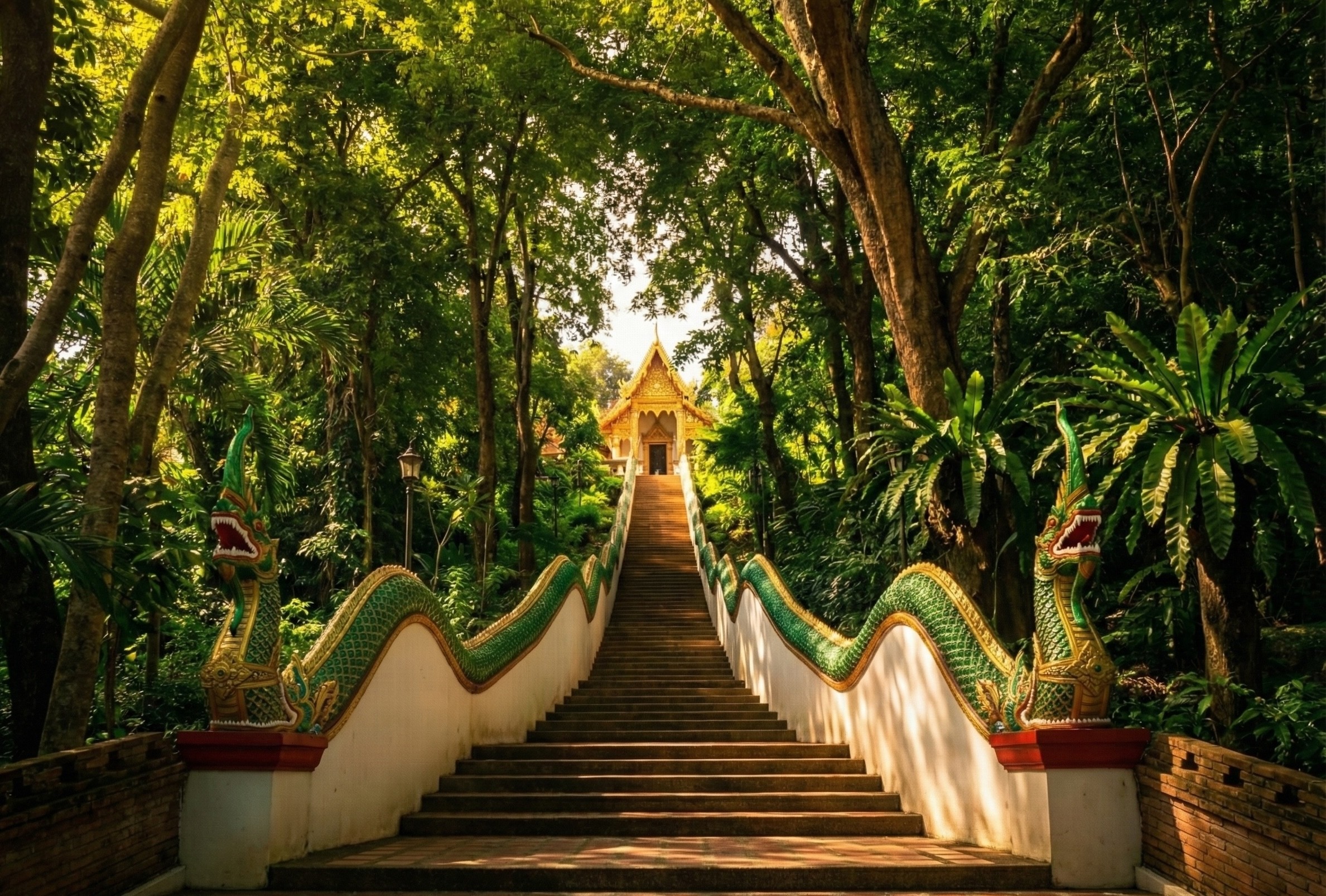Dramatic golden hour light illuminates a long stone staircase flanked by ornate green and gold Naga serpent statues, leading upwards through dense, emerald-toned forest vegetation to the main golden temple hall of Wat Pa Daeng in Chiang Mai.