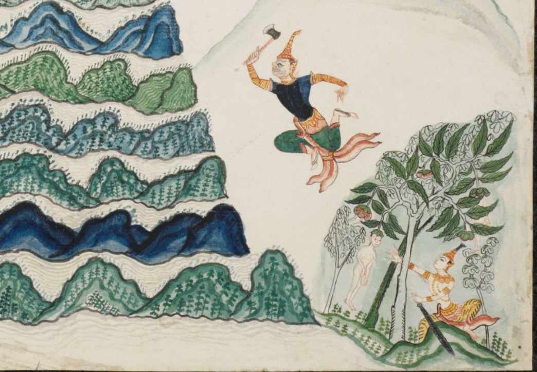 Depicted in visual form is a compelling tableau: a representation capturing the emergence of 3-4 nariphon, each in distinct stages of maturation, gracefully sprouting from the robust frame of the makkali tree. The focal point shifts downward, where a male figure stands, a sword gripped firmly in his hand. His intent gaze is riveted upon the more mature nariphon, his outstretched hand poised for acquisition. Another male figure enters the scene with an aura of enchantment. This figure is portrayed in mid-flight, exuding an air of mystique, underlined by his possession of a potent axe. His trajectory carries him away from the first figure, and his attention is directed towards a different course. This enigmatic character, endowed with magical prowess, introduces a counterpoint to the narrative. His presence suggests an element of intrigue and otherworldliness, as his focus diverges from the tangible pursuit of the first figure.