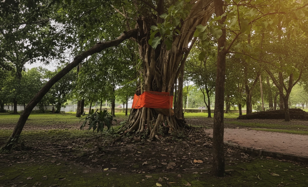 Large sacred tree wrapped in ceremonial orange cloth standing near a brick pathway in a lush, green Thai temple garden.