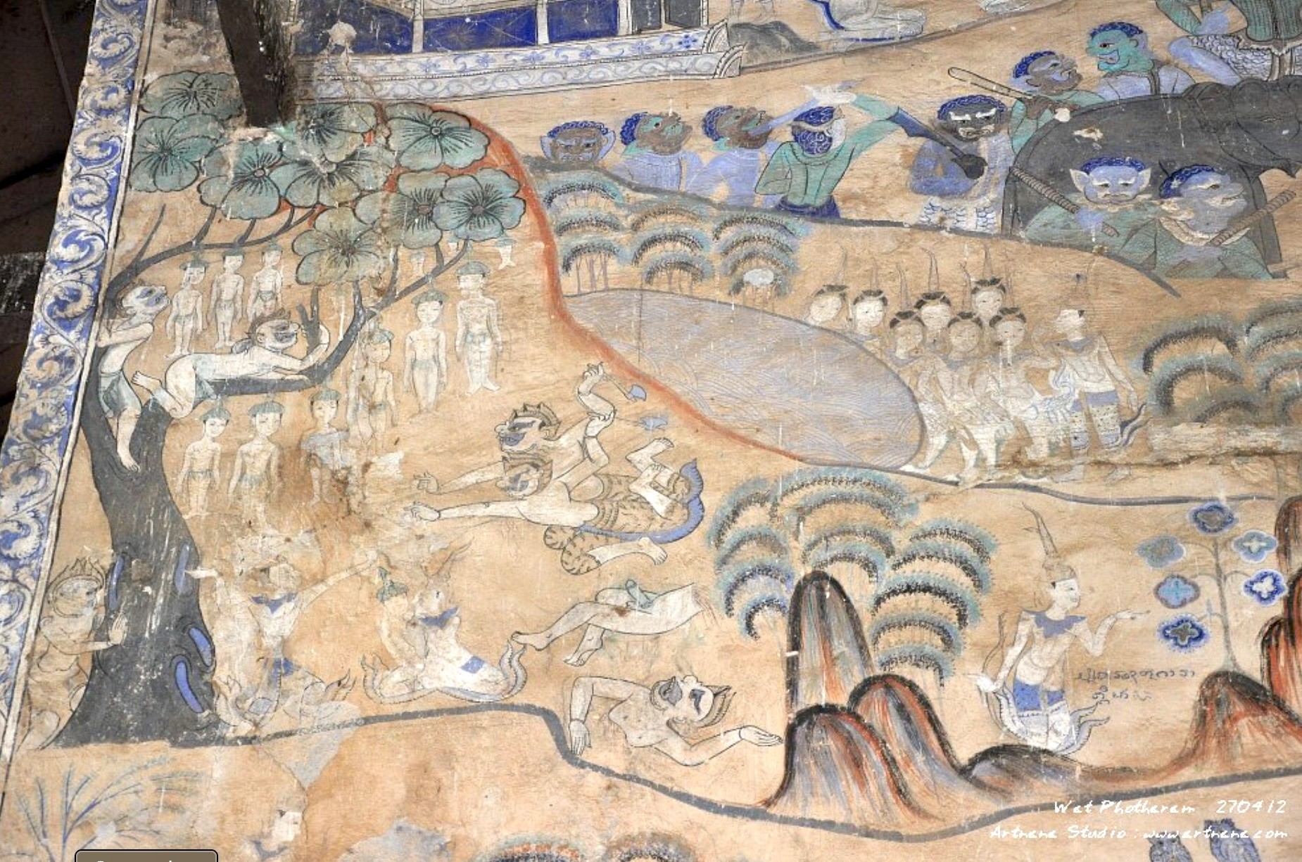 Temple murals frequently depict the chaotic mid-air battles of the Vidyadharas, fighting desperately over the Nariphon maidens, illustrating the destructive nature of unchecked desire.
