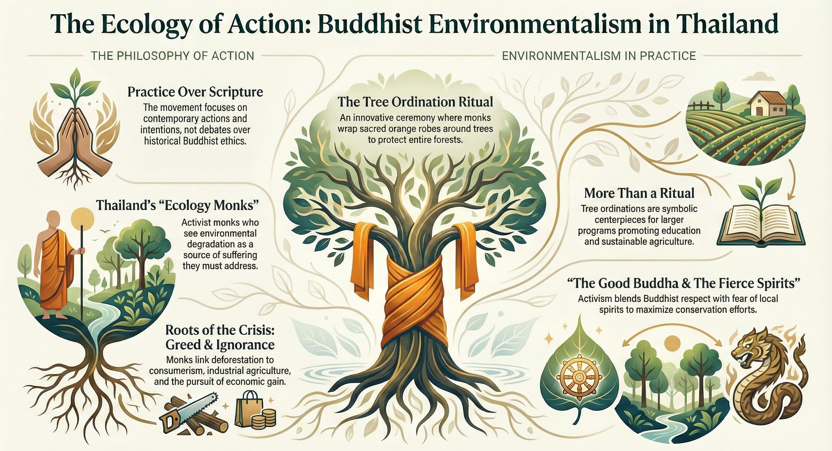 Educational infographic titled "The Sentient Landscape" comparing two forest management paradigms in Southeast Asia: the indigenous "Cosmological View," featuring sacred "Angker" zones and protective "Invisible Social Fences," versus the colonial "Utilitarian View,"