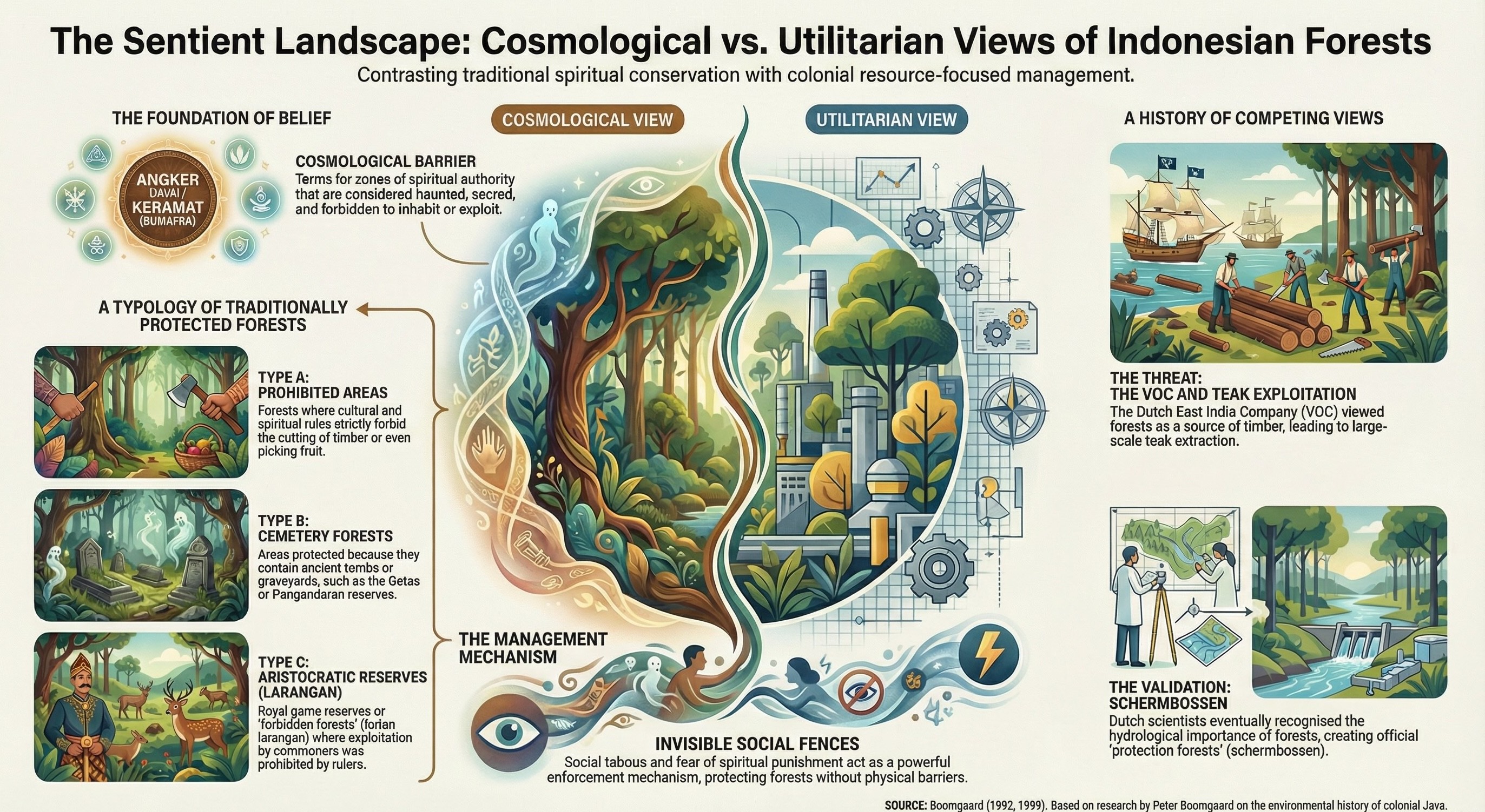 An educational infographic titled "The Sentient Landscape: Cosmological vs. Utilitarian Views of Indonesian Forests". It contrasts the "Cosmological View," featuring spirits and "Cosmological Barriers," with the "Utilitarian View" of industrial factories and the "VOC and Teak Exploitation". The graphic details forest types like "Angker" (haunted), "Cemetery Forests," and "Aristocratic Reserves" (Larangan)