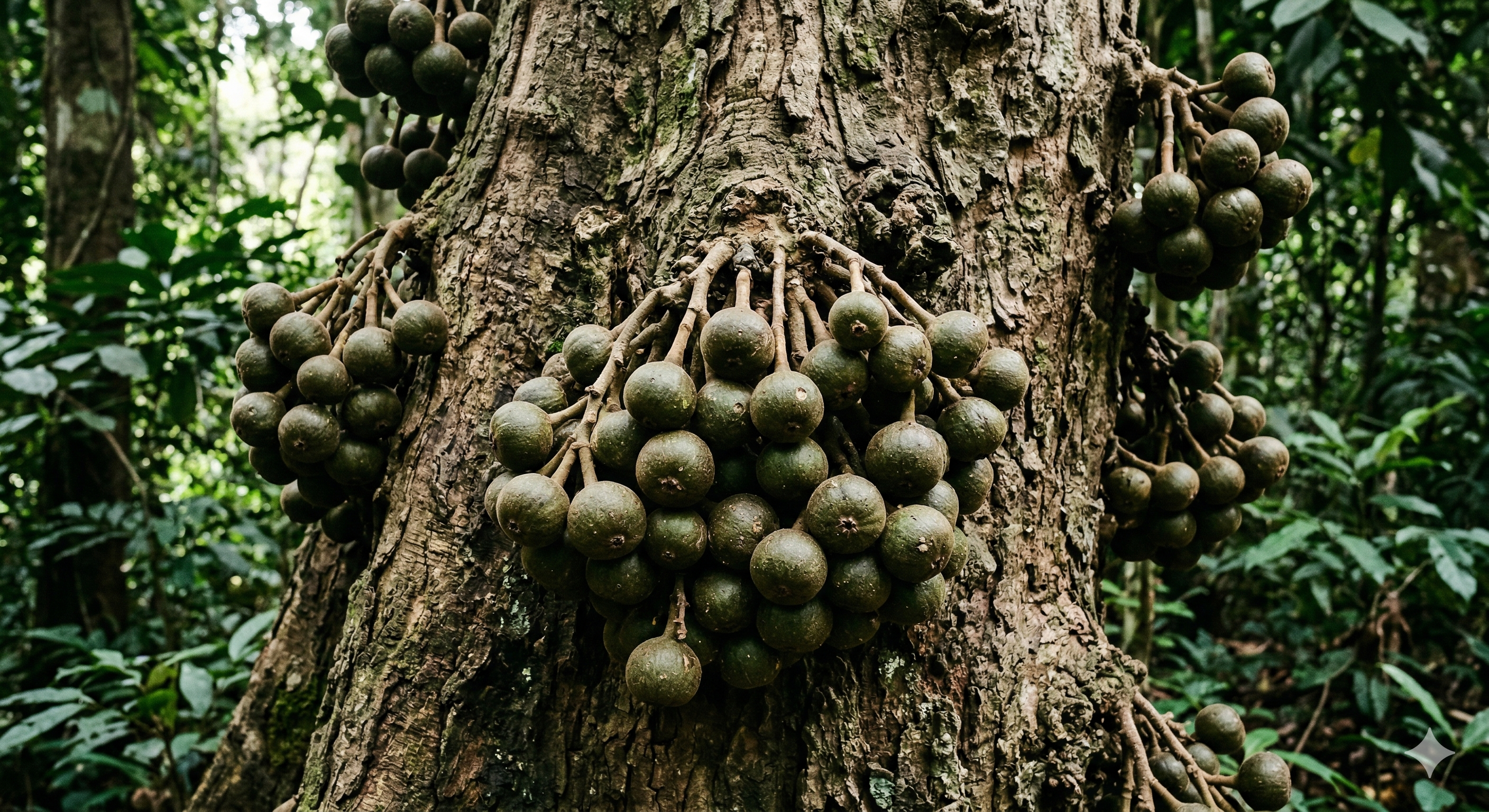 A close-up photograph of the massive, rough, textured bark of a large Ficus racemosa, or cluster fig tree, trunk within a lush, green rainforest environment. Numerous dense, pendant clusters of small, round, green, grape-like fruits (figs/syconia) hang directly from the thick, gnarled main trunk, a classic example of cauliflory. The forest background is blurred, emphasizing the natural patterns of the bark and the abundant fruit clusters.
