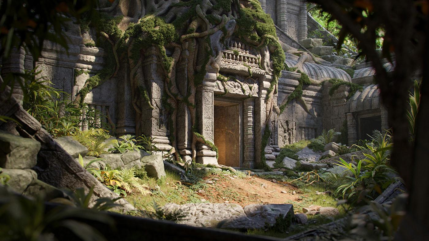 Ancient stone temple ruins overgrown with thick tree roots and moss in a dense jungle environment. Digital concept art depicting a mysterious stone gateway and crumbling architecture illuminated by dappled sunlight.