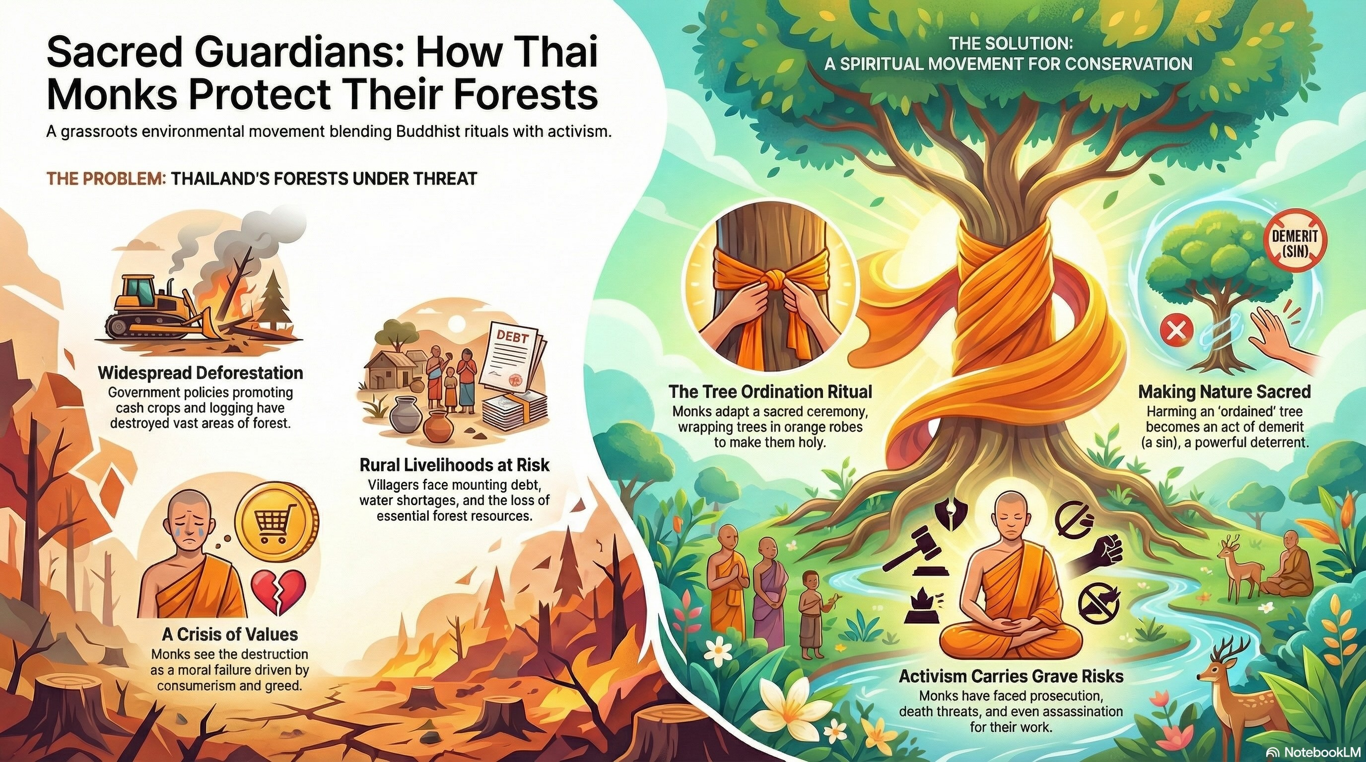 nformational infographic titled "Sacred Guardians: How Thai Monks Protect Their Forests," comparing the problem of widespread deforestation and rural debt with the solution of a spiritual conservation movement. The graphic illustrates the "Tree Ordination Ritual" where monks wrap trees in orange robes to make nature sacred and deter logging, while also highlighting the grave risks activists face.
