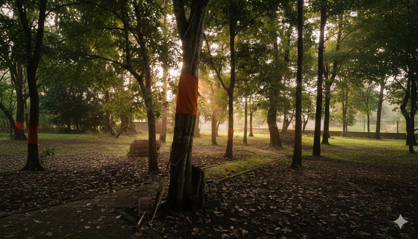 A mystical forest scene at sunrise with a gentle fog. A tall tree in the center, wrapped in a sacred orange saffron cloth, is illuminated by warm light streaming through the surrounding canopy. A mossy path winds through the leaf-strewn ground.