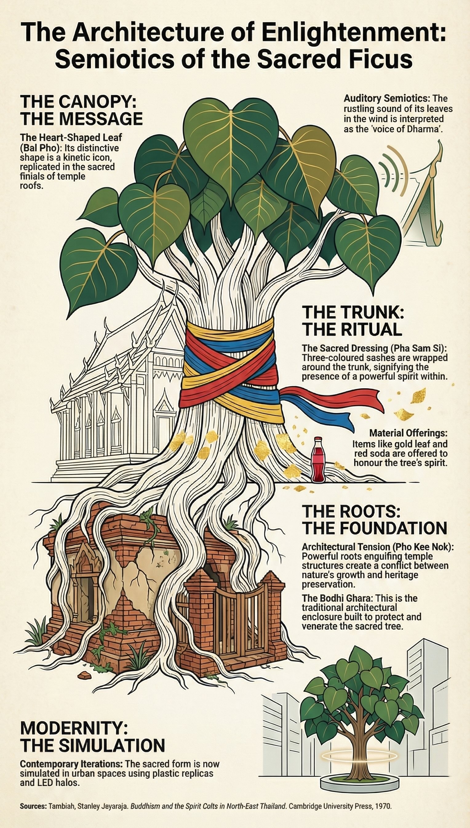 Infographic titled 'The Architecture of Enlightenment' explaining the semiotics of the Sacred Ficus, including the symbolism of heart-shaped leaves, trunk rituals like Pha Sam Si wrappings, and the interaction of roots with temple architecture.