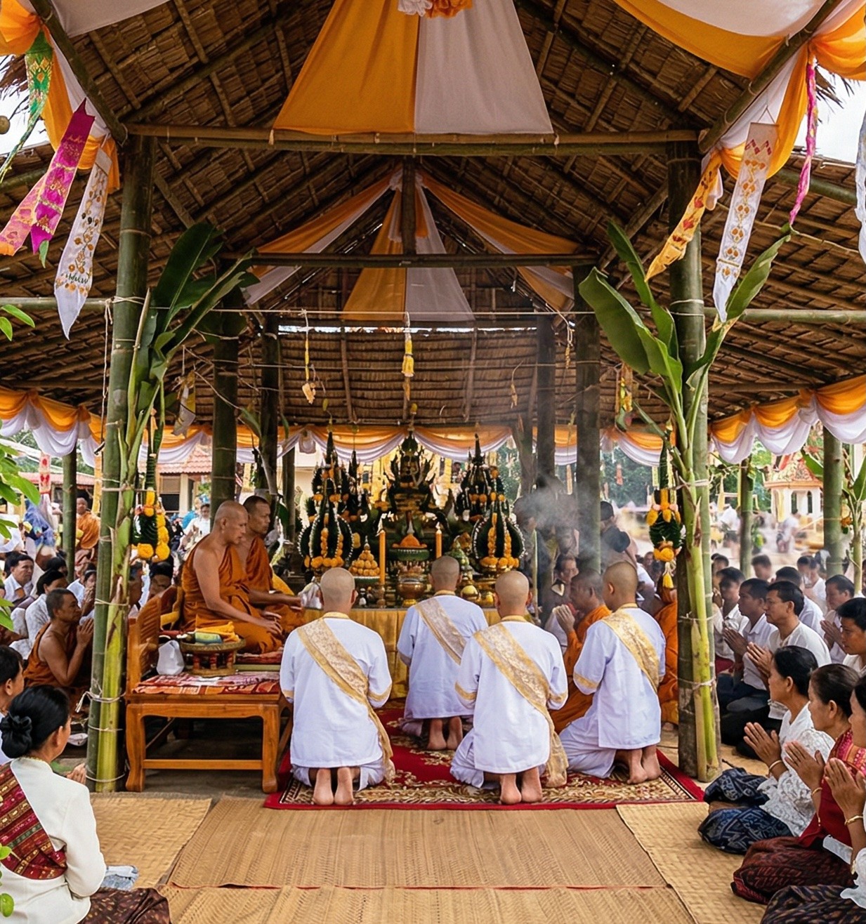 A wide-angle photograph taken inside a traditional, temporary bamboo and fabric ceremonial pavilion in Southeast Asia. Dozens of people are present. On a raised wooden platform under an ornate canopy, senior Buddhist monks in orange saffron robes sit, leading a ceremony. In front of them, initiates in white robes and gold sashes kneel on a patterned rug, looking towards a central altar with multi-tiered offerings. Around them, laypeople in traditional dress sit cross-legged on woven mats, with hands pressed together in prayer. The structure is decorated with colorful flags and textiles.
